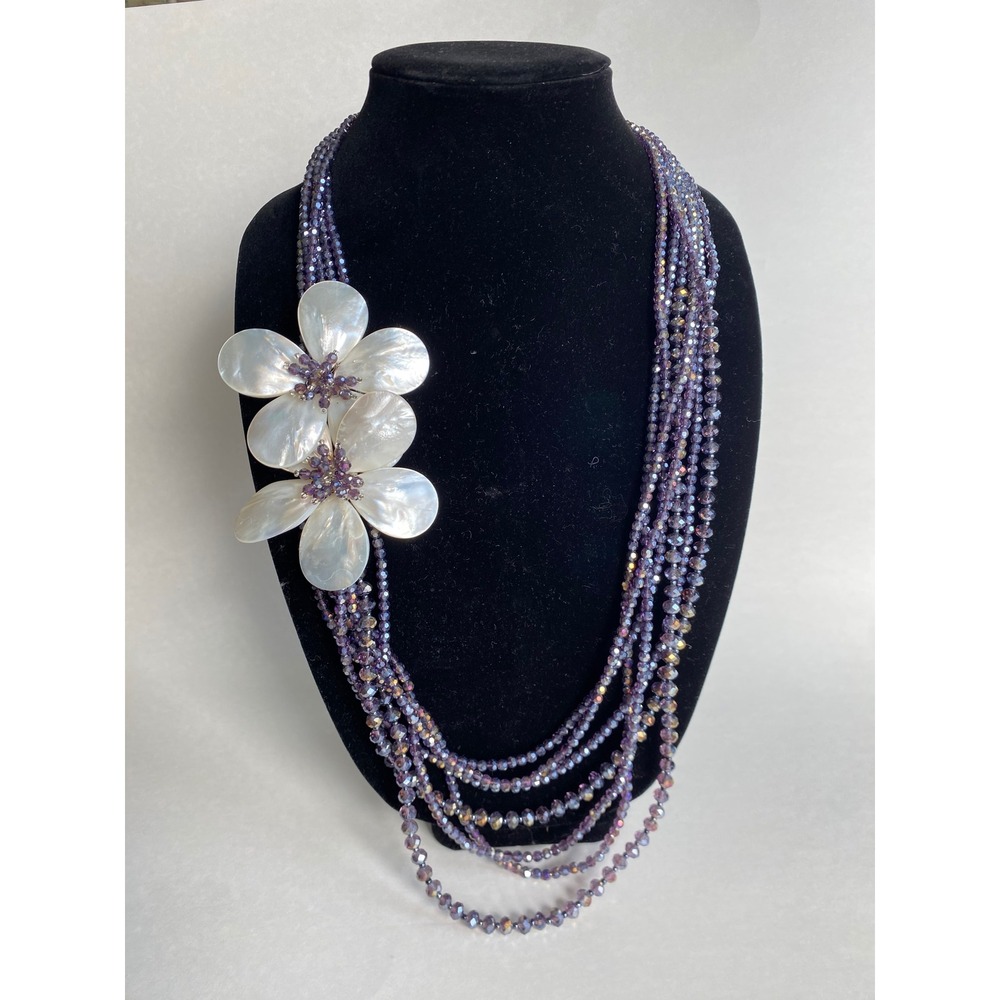 Purple Aurora Crystal Multi Strand Beaded Necklace Mother of Pearl Shell Flower